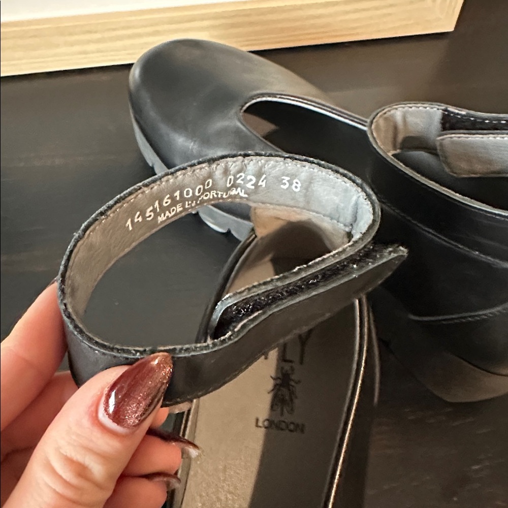 Fly London Black Leather Ankle Strap Platform Wedges - Picture 7 of 8